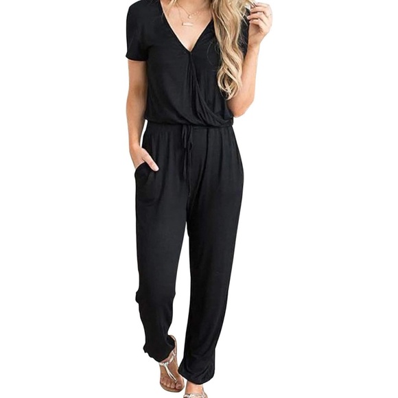 PrettyGarden Pants - PRETTYGARDEN deep  V neck, short sleeve wrap jumpsuit